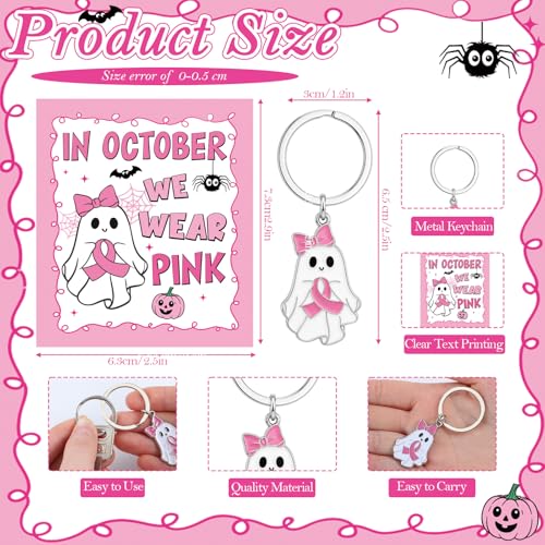 Yinkin 24 Sets Breast Cancer Awareness Keychians with Cards Bulk Pink Ribbon Halloween Ghost Bow Keychains Accessories for Women Survivor Public School Charity Events Gift Supplies - style: Pink Ghost