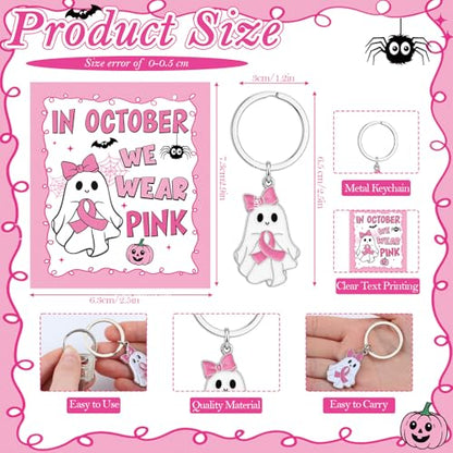 Yinkin 24 Sets Breast Cancer Awareness Keychians with Cards Bulk Pink Ribbon Halloween Ghost Bow Keychains Accessories for Women Survivor Public School Charity Events Gift Supplies - style: Pink Ghost