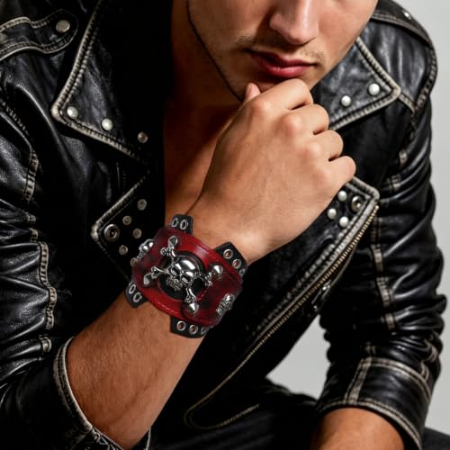 HZMAN Leather Bracelets Retro Men's Leather Cuff Bracelet Adjustable Wide Wristband Bracelet Jewelry Gift - color: Red-Skull