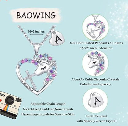 Easter Basket Stuffers - Easter Gifts for Girls Kids,Cross Unicorn Necklaces with Initial for Teen Girls Kids Daughter Granddaughter Birthday Christian Religious Gifts 16+3 Inches - style: J