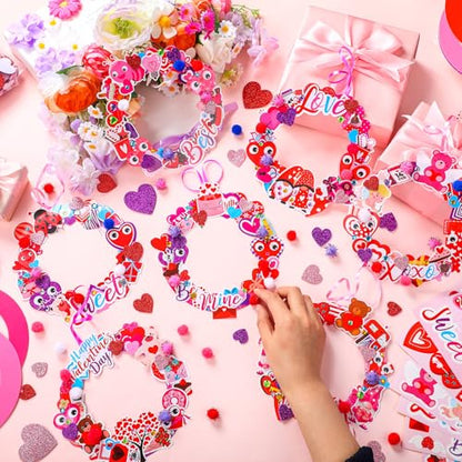 Hollowfly 48 Sets Valentine DIY Heart Wreath Craft Kits for Kids Activities - style: Happy Valentine‘s Day