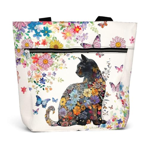Waterproof Tote Bag with Pockets and Zipper for Work. Shoulder Bag for Women. Gift for Cat Lover Cat Owner. - color: Flower Pattern