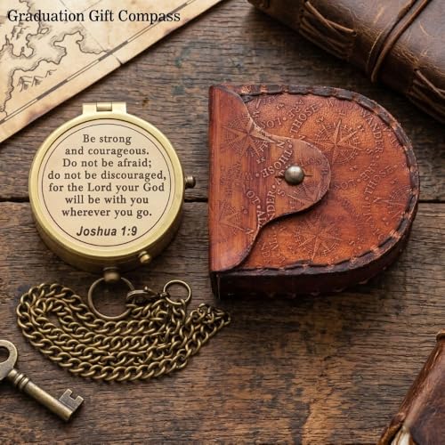 Compass – Brass Directional Vintage Compass Engraved with “Be Strong and Courageous” Joshua 1:9 Bible Verse, Baptism 2026 Communion Christian Inspirational Gifts for Women/Men - style: Be Strong- Leather Case