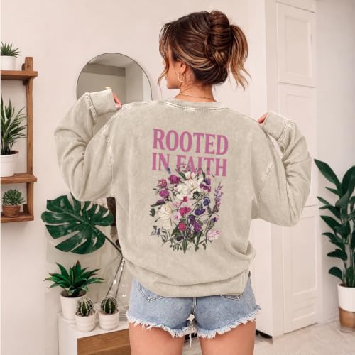 Oversized Christian Long Sleeve Shirts for Women Faith Bible Verse Floral Graphic Tees Acid Wash Vintage Sweatshirts - color: Apricot, size: Large