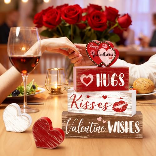 Britimes Tiered Tray Decor Set, 4 Pack, Wooden Table Sign, Heart Kisses - style: Be Mine Gift Valentine