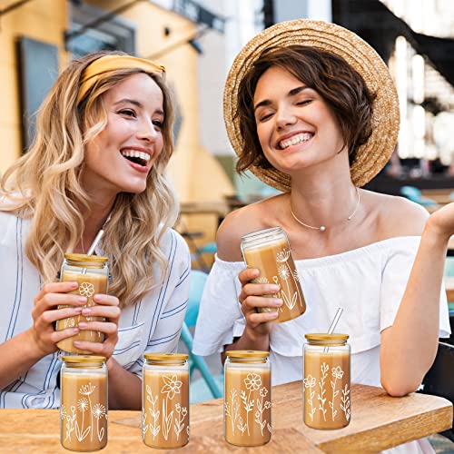Mumufy 4 Pack Boho Floral Glass Cup, 16 oz Tumbler Mug with Bamboo Lid - style: Boho Floral