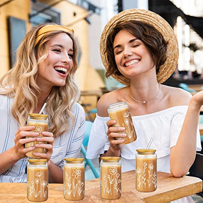 Mumufy 4 Pack Boho Floral Glass Cup, 16 oz Tumbler Mug with Bamboo Lid - style: Boho Floral