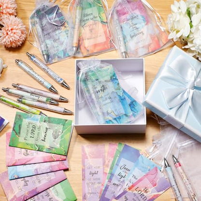 200 Pcs Christian Gift for Women Christian Accessories Include 50 Bible Verses Notebook 50 Church Bookmark 50 Ballpoint Pen Organza Bag Gift for Christmas Church Motivational (Marble) - style: Marble