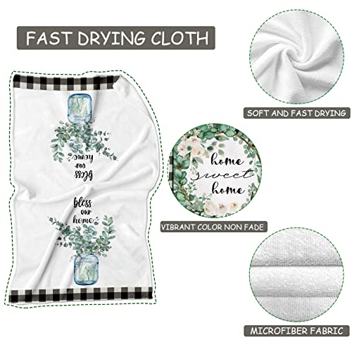 Eucalyptus Leaves Kitchen Dish Towel , 2 Pack Bless Our Home Sweet Home Quotes Buffalo Plaid Absorbent Kitchen Towel, Absorbent Drying Tea Towels for Cooking Baking, 18 x 28 (Eucalyptus Leaves)