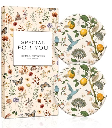 Swooflia Floral Absorbent Ceramic Car Coasters Set of 2, Cute Botanical Wildflower Cup Holder Coasters for Car, Lemon Flower Hummingbird Car Accessories for Women, Unique Gifts for Mom, Teachers - color: Flower and Hummingbird
