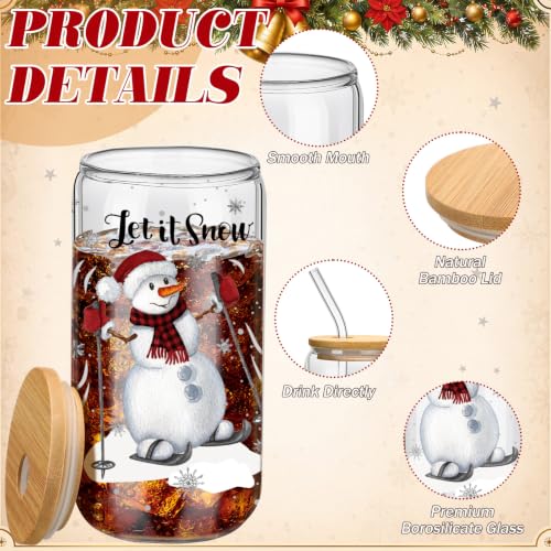 Teenyyou 12 Sets of Christmas Glasses Cups with Bamboo Lid and Glass Straw 16 oz Red and Black Plaid Christmas Glass Jar Drinking Cups Wreath Santa Coffee Cup for Women Men Xmas Holiday Party Gifts - style: Red and Black Plaid