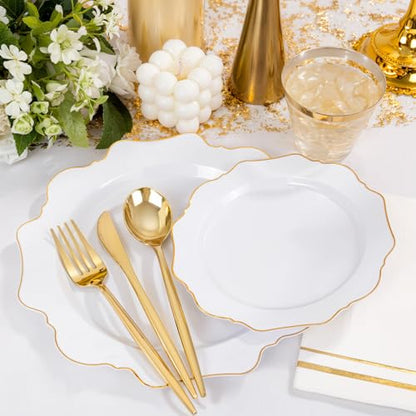 WDF 175Pcs Gold Plates Disposable - White and Gold Plastic Plates 25guest Plastic Dinnerware Ideal for Party/Wedding/Thanksgiving/Fall/Rosh Hashanah - color: White and Gold, size: 175 pieces