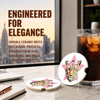 Pink Bow Car Coasters, Retro Leopard Print Coquette Cup Holders, 12 - color: Pink Bow
