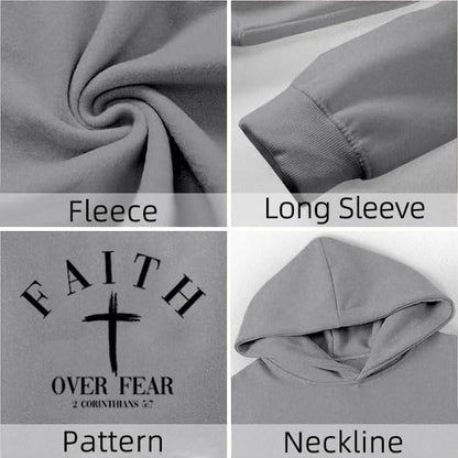 Men Faith Over Fear Christian Cross Graphic Pullover Hoodie - color: Grey, size: Small