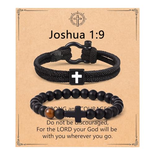 Giovanchi Christian Cross Bracelet for Men Him Dad Father Godfather Grandfather Grandpa Husband, Inspirational Faith Based Jesus Bracelets Gifts for Easter Basket Stuffers - style: Joshua 1:9