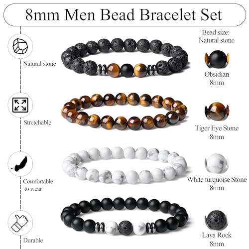 Mens Beaded Bracelets, 8MM Beaded Bracelets for Men, Natural Tiger Eye Bead Bracelet, Stretch Elastic Beads Bracelets for Men - color: 4 volcanic yellow white black