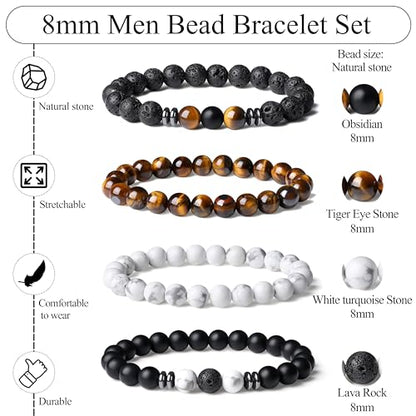 Mens Beaded Bracelets, 8MM Beaded Bracelets for Men, Natural Tiger Eye Bead Bracelet, Stretch Elastic Beads Bracelets for Men - color: 4 volcanic yellow white black