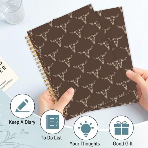 Brown Western Spiral Notebook，Cowboy Gifts for Men,Western Office Supplies - color: White Longhorn Skull Western
