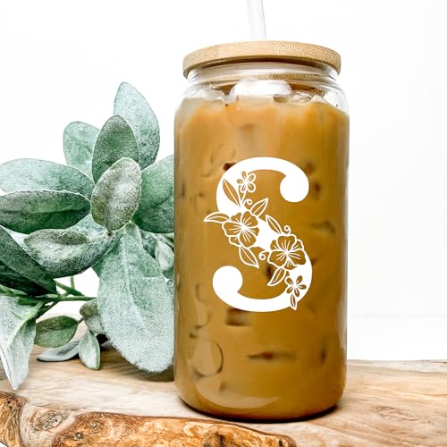 Personalized Tumbler, Monogrammed Can Glass Cups with Bamboo Lids and Straws, Customized Gifts for Women, Cute Design Initial Iced Coffee glasses, Custom Letter Mug, Birthday Bridesmaid, D - style: Monogram D