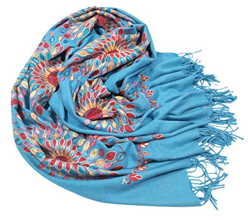 Urban CoCo Embroidered Scarf for Women, Tassel Shawl, Soft Lightweight Wrap - color: Blue
