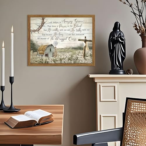 Cross Christian Wall Art Barn Windmill Country Pictures Framed 12x16 Inch - color: Hymn-wood, size: 16"L x 12"W