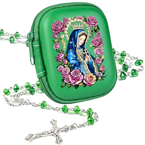 Rosary Beads Catholic for Women - Pearl Beads with Classic Cross, Virgin Mary Zippered Prayer Box, First Communion Gifts, Baptism Confirmation Jewelry - color: Pontmain-Green