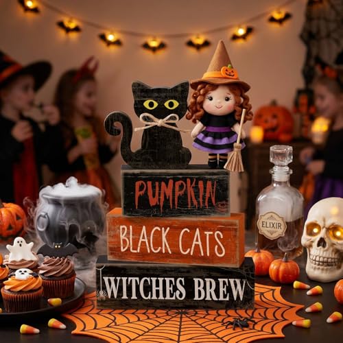 Lineshading 4 Pcs Halloween Table Decor for Home, Wooden Black Cat Sign Set - style: Black Cat
