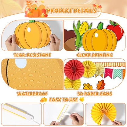 Fall Thanksgiving Bulletin Board Set for Classroom Decoration Fall is in The Air Paper Cutouts with 3D Paper Fans Autumn Leaves Pumpkins Bulletin Board for School Office Harvest Wall Decor - style: Fall is in The Air