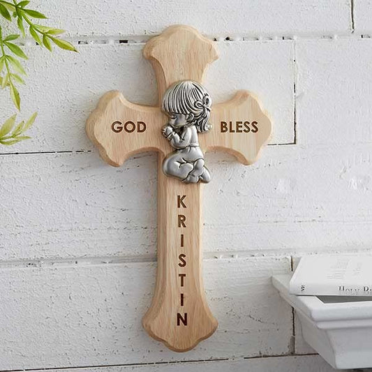 Personalization Universe Prayerful Girl Engraved Wood Cross, Baptism & First Communion Keepsake Wall Decor, Christian Wall Art, Home Decor Wall Cross - 8" x 4.5" Oak Wood & Zinc Alloy