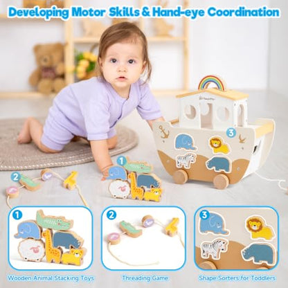 SIMPLIPLAY Wooden Noah's Ark Toy with Animal Shape Sorter & Story Book
