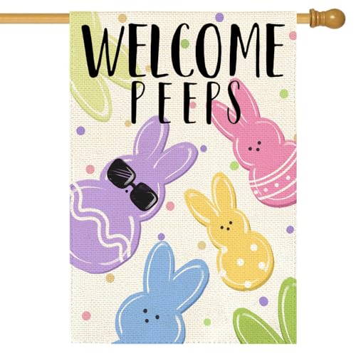 Easter Welcome Peeps House Flag 28x40 Inch Double Sided Outside Spring Colorful Bunny Seasonal Decorative Holiday Large Garden Yard Flag Outdoor Decoration 1-28 - size: 28x40 Inch
