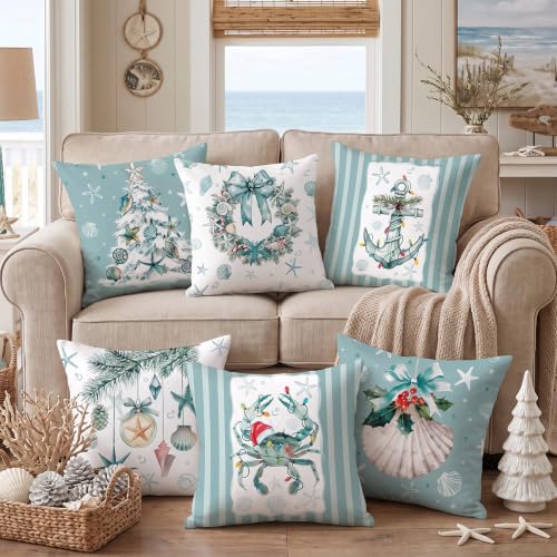 FuWeave 6 Set Christmas Pillow Cover 18 x 18 Inch Coastal Beach Nautical - style: Coastal Christmas