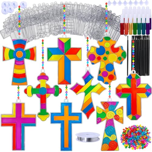 Winlyn 27 Set Cross Suncatchers Ornaments Decorations DIY Window Paint Art Craft Kits for Kids Sunday School VBS Christmas Easter Holiday Activities Party Favors