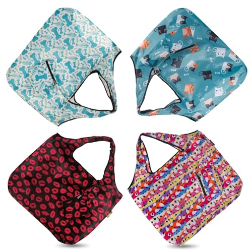 ECO CHIC Foldable Reusable Large Recycled Grocery Bags Lightweight Shopping Tote Bags with Storage Pouch - Collection of 4 bags - color: Cute