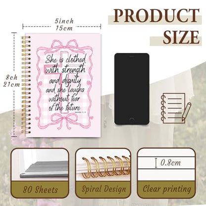 Inspirational Christian Notebook Journal, Coquette Preppy Pink Bow Bible Verse Journal for Women, Pink Girly Office Supplies, Religious Scripture Spiral Notebook 5.5x8.3 Inch - color: Proverbs 31:25-Bow