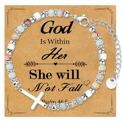 Christian Cross Bracelet for Women Girls, Adjustable Stainless Steel Beaded Cross Bracelets, First Communion Confirmation Easter Religious Bapstim Natural Gemstone Jesus Bracelet Gifts for Her - style: Psalm 46.5