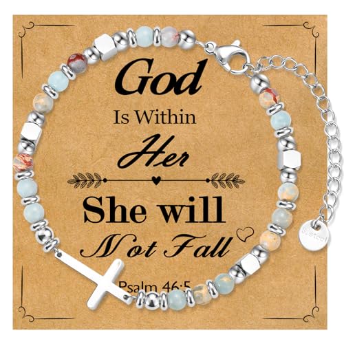 Christian Cross Bracelet for Women Girls, Adjustable Stainless Steel Beaded Cross Bracelets, First Communion Confirmation Easter Religious Bapstim Natural Gemstone Jesus Bracelet Gifts for Her - style: Psalm 46.5