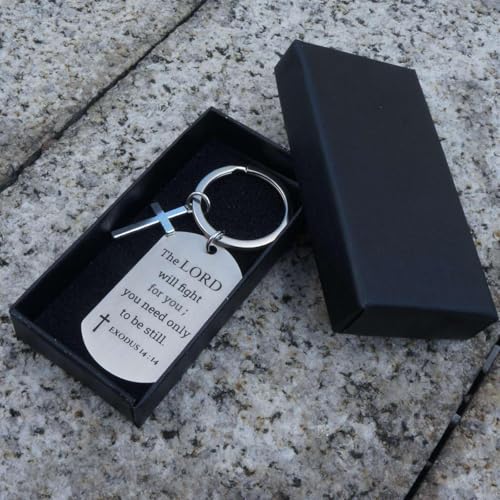 Inspirational Scripture Keychain with Cross - Bible Verse Matte Key Chain Religious Gift for Christian - style: Exodus 14:14