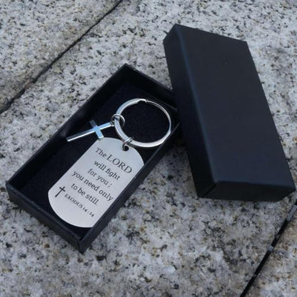 Inspirational Scripture Keychain with Cross - Bible Verse Matte Key Chain Religious Gift for Christian - style: Exodus 14:14