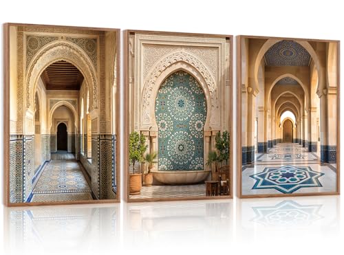 CHDITB Moroccan Arch Framed Canvas Wall Art, Boho Islamic Architecture Wall Decor, Vintage Middle Eastern Palace Doorway Painting, Neutral Beige Blue Art Print for Living Room Bedroom Office 12”X16”x3 - color: Moroccan