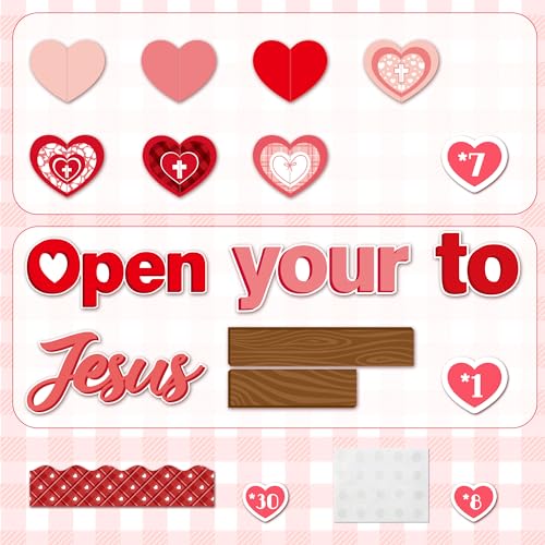 CY2SIDE 99pcs Open Your Heart to Jesus Cutouts for Bulletin Board Set Easter Red Heart Foldable Cross Name Tags Christian Sunday School Church Theme Trim Border Religious Classroom Activities Project - style: Valentine Jesus