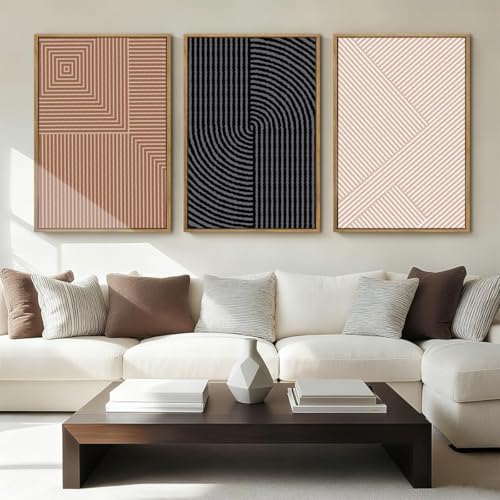 ANHUIB Extra Large Neutral Abstract Modern Canvas Wall Art Set of 3 Framed Black and White Beige Wall Decor Boho Minimalist Artwork Walls Geometric Line Painting for Living Room Bedroom Office 24x36In - color: Black Brown and Beige, size: 36"L x 24"W