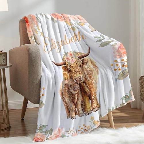 Personalized Baby Highlander Cow Blanket for Girls with Name - color: Highlander Cow
