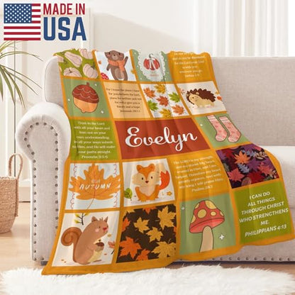 Custom Name Fall Blanket Autumn Soft Cozy Harvest Blanket for Verse Blankets with Inspirational Thoughts and Prayers Religious Boys Girls Kids Adults Halloween Christmas Birthday Christian Gifts - color: Autumu-01