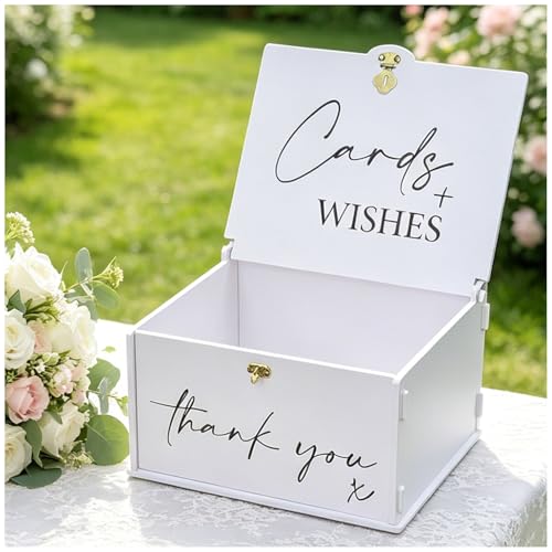 Open Card Box with Lock, White Elegant Wedding Card Boxes for Reception Envelope Wishes Cash Gift, Mr & Mrs Memory Box for Keepsakes Storage Weddings Engagement Baby Bridal Shower Table Decor