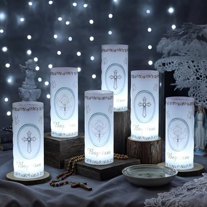 20 Pcs 10 Sets Baptism Centerpieces for Table Baptism Lantern Tea Light Holders with LED Candles Angel Cross Table Lantern for Easter First Communion God Bless Baby Shower Party Decor
