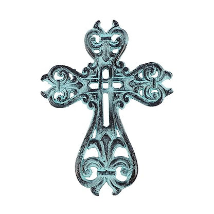 Ardour Distressed Blue Wall Cross for Home Decor.Metal Hanging Decorative Crosses Wall Decor - 6.8 x 9 Inches