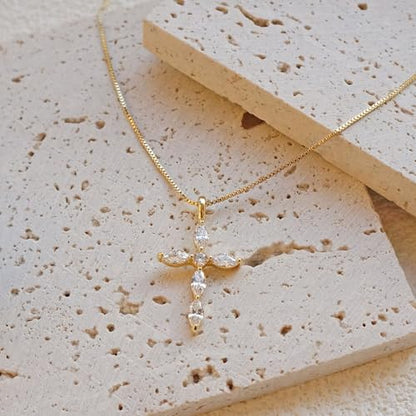 Gold Cross Necklace for Women, 14K Gold Plated - style: 6 prism-cut zircons