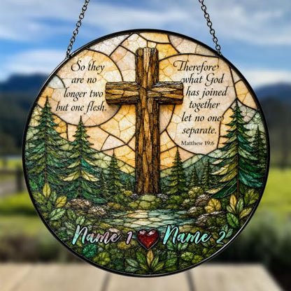 Custom Christian Religious Wedding Stained Glass Suncatcher Personalized Couple Names Wedding Cross Window Hanging Ornament, Family Home Décor, Valentines, Christmas Sympathy Sun Catcher Gifts