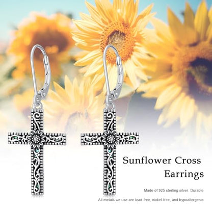 925 Sterling Silver Sunflower/Rose/Plumeria/Hibiscus/Mushroom Cross Earrings for Women Hawaiian Flower/Butterfly Cross Dangle Drop Earrings Jewelry Faith Christian Gift for Her Daughter Wife Girlfriend - style: Sunflower